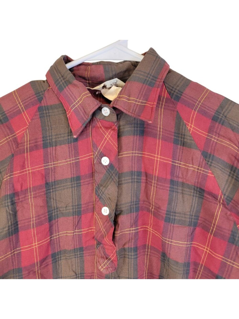 Sears Vintage 70s Plaid Flannel Shirt Women Large 12 14 Red Brown Collar Top L